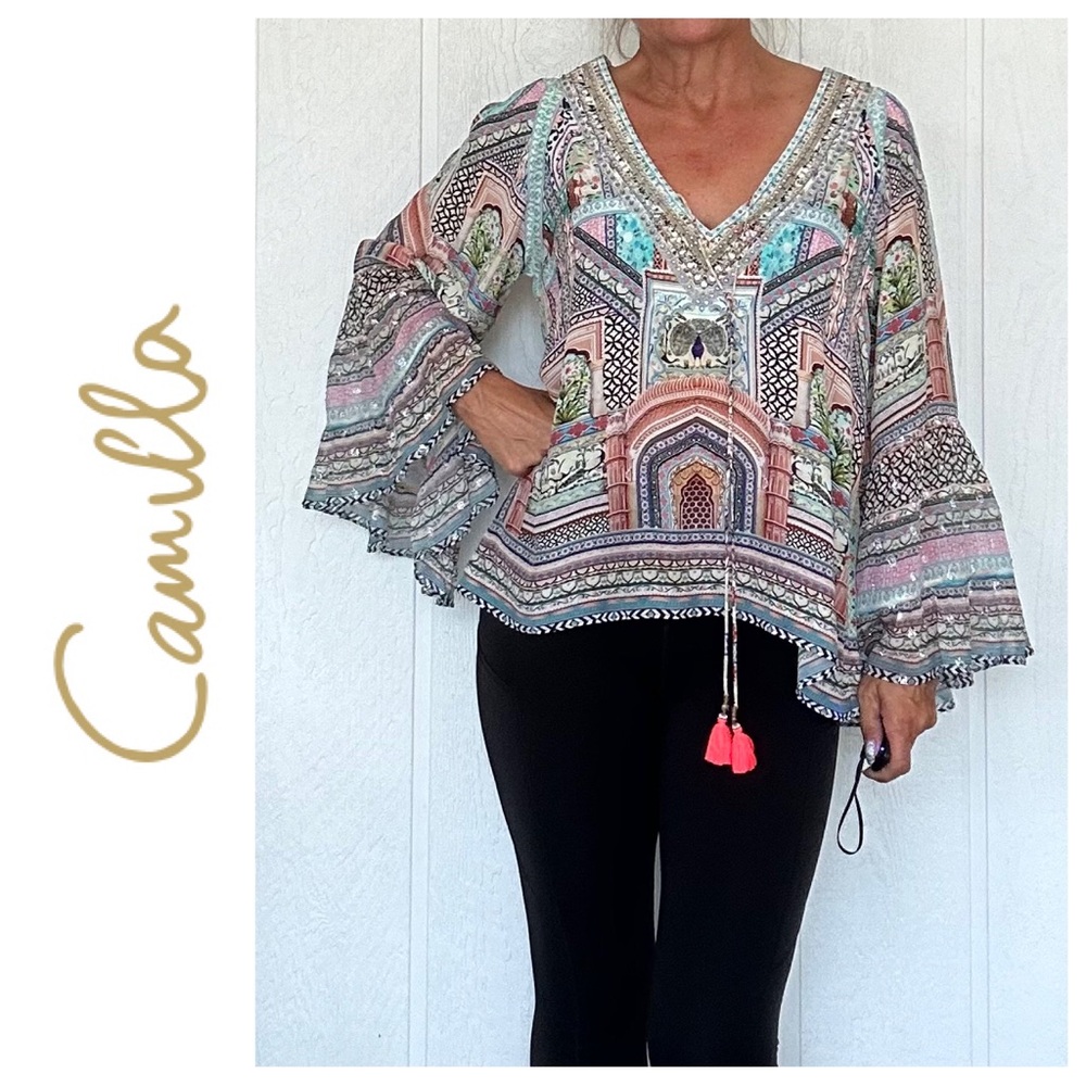 CAMILLA SILK BOHEMIAN V NECK BLOUSE TOP SIZE 4